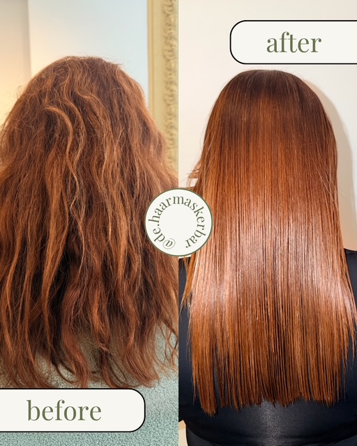Voor en na haarbotoxbehandeling, koperrood haar