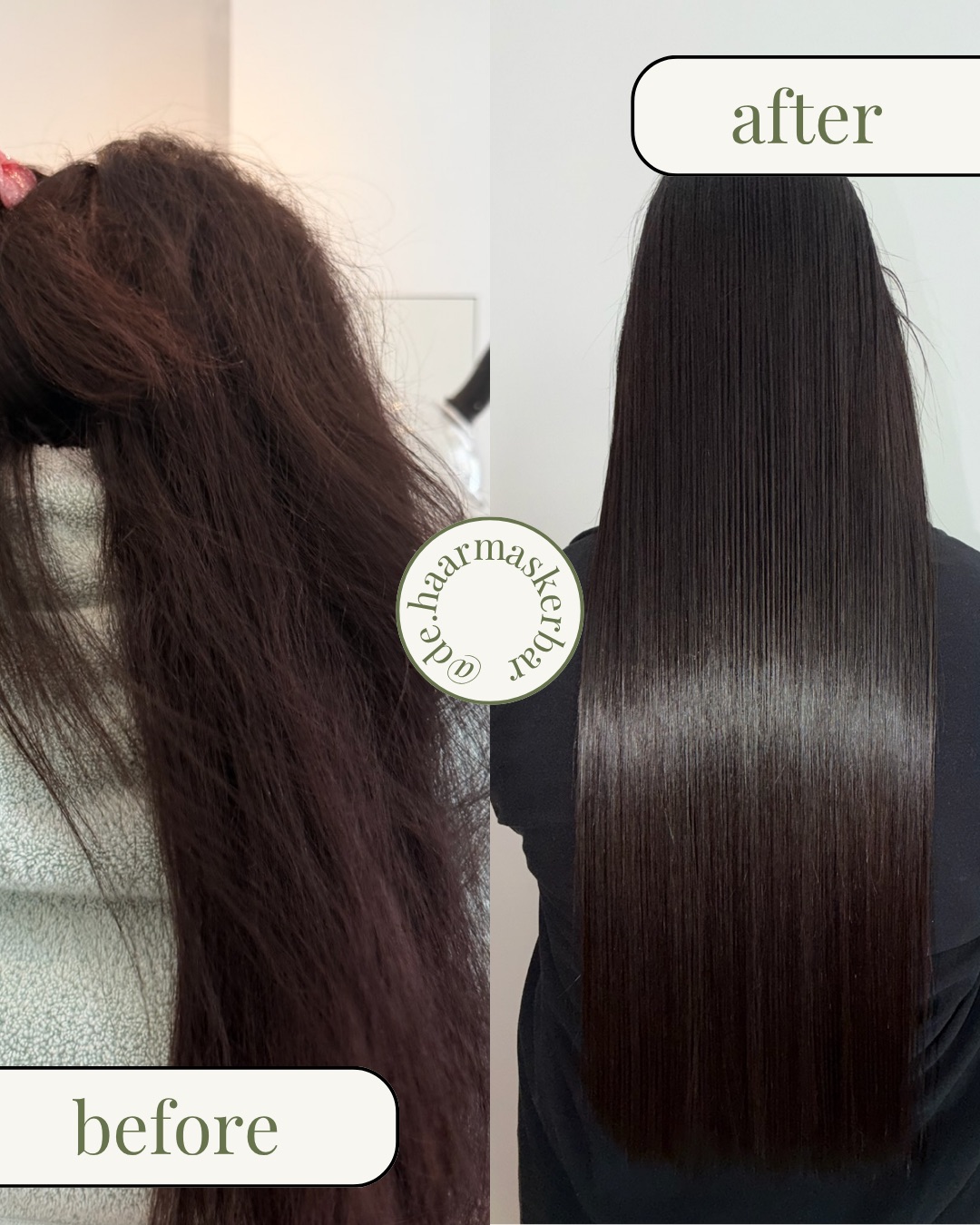 Voor en na haarbotoxbehandeling, donker haar
