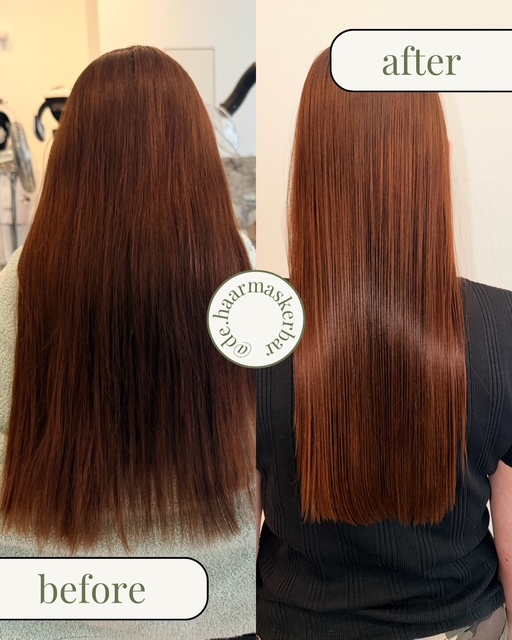 Voor en na haarbotoxbehandeling, kastanjebruin haar